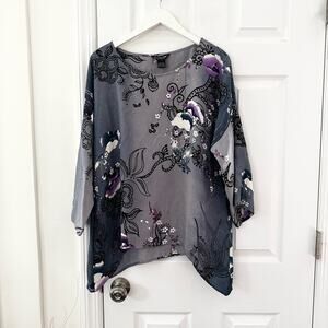 Citron Grey Black Purple Paisley Floral Printed Silk Kimono Blouse Medium Asian